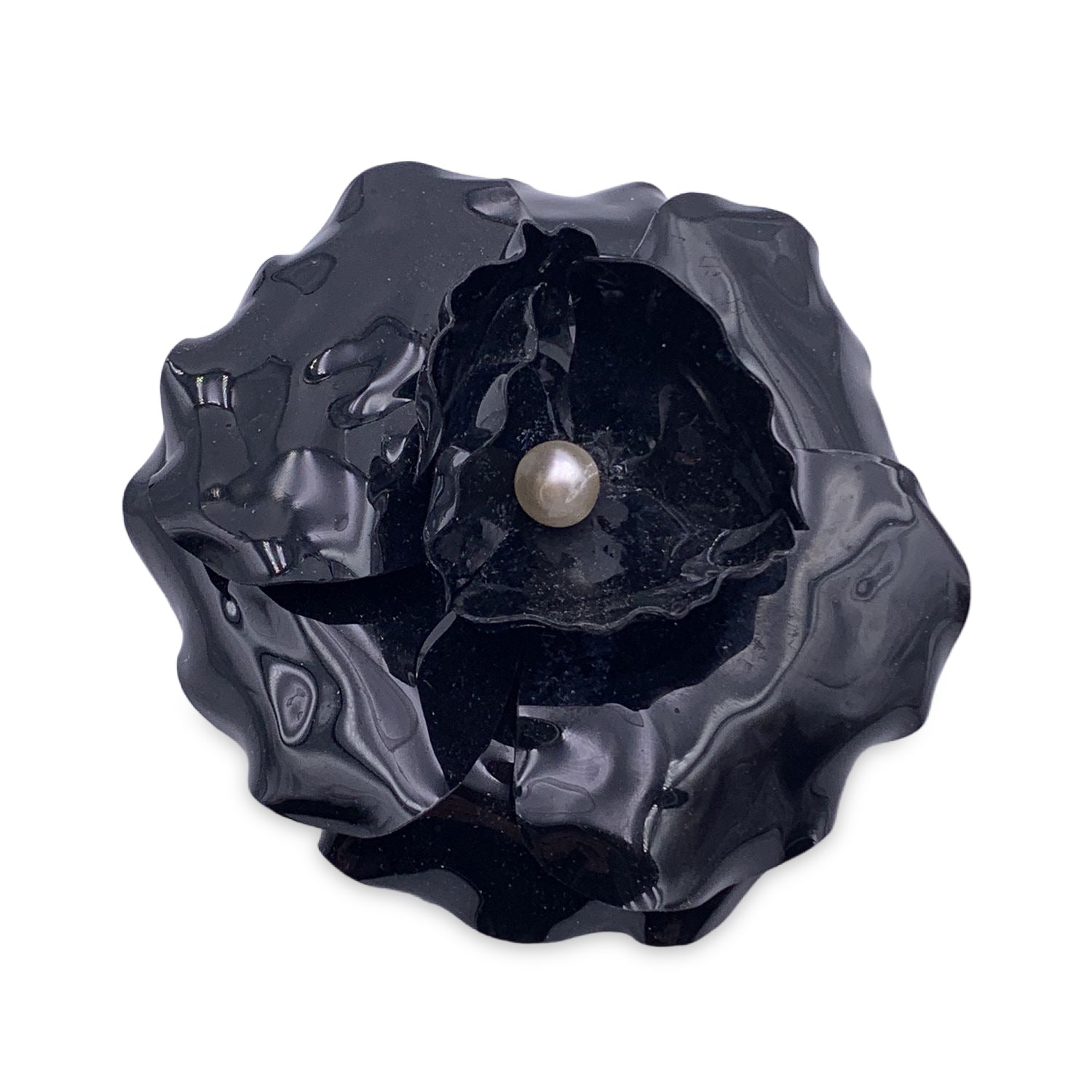 Chanel Shiny Black Plastic Brooch Pin Pearl Camelia Camellia